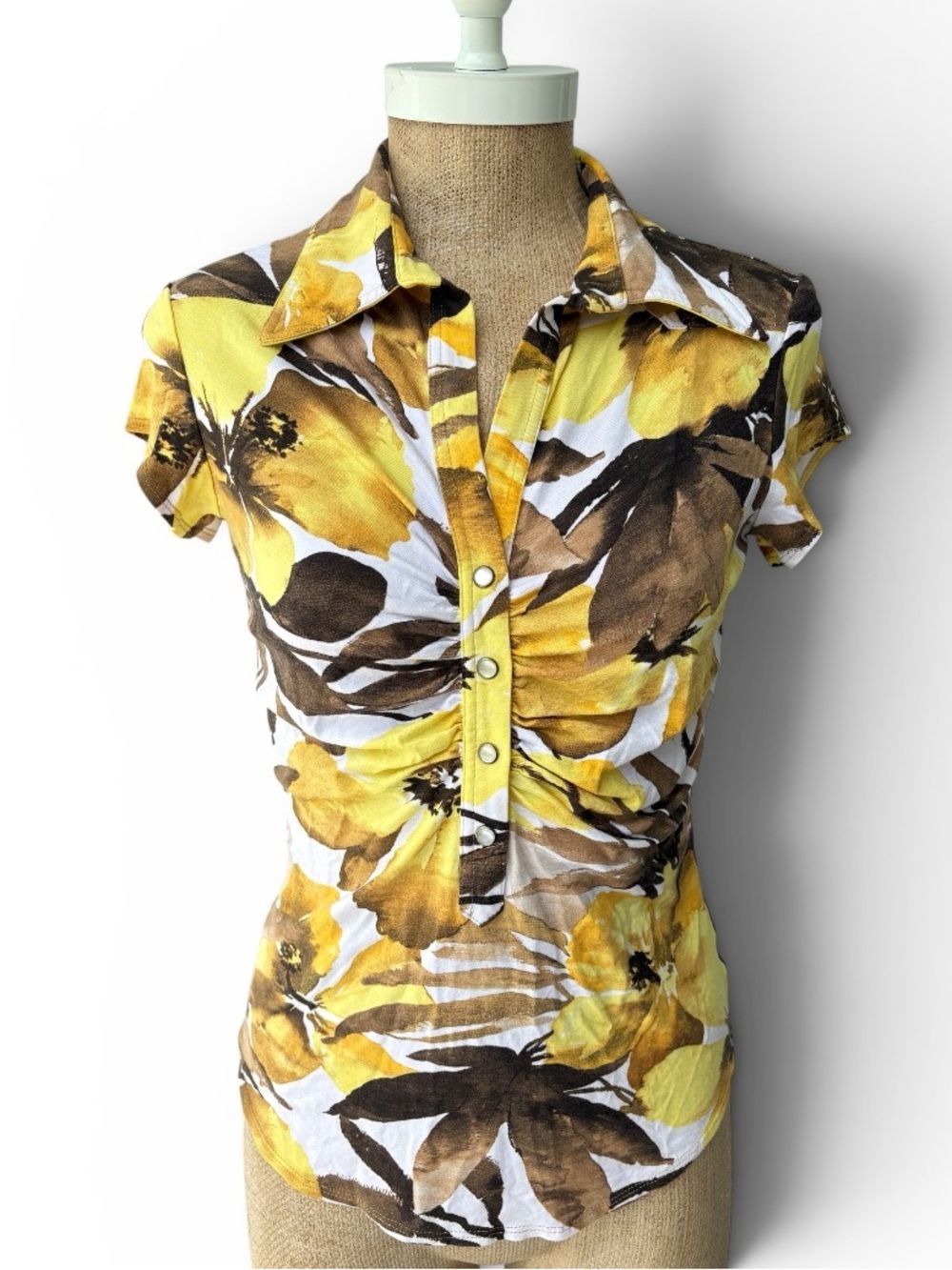 Cache Yellow Brown Floral Ruched Snap Front Top Women’s Large